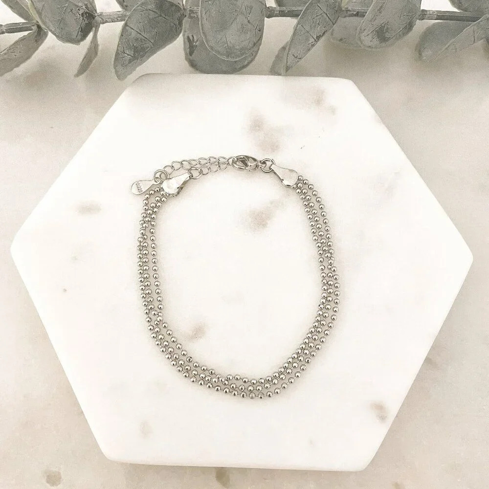 925 Sterling Silver Multi-Layer Bracelet Dainty Bead Bracelet Triple Layer Chain - Picture 2 of 3